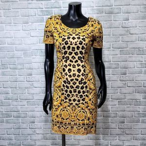 Vintage 90s Bloomingdales Womens 4P Silk Leopard Gold Filigree Mini Sheath Dress